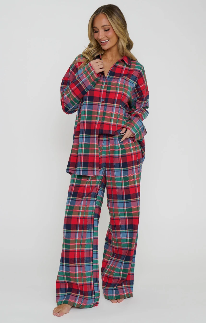 Red plaid lounge shirt-and-pants set