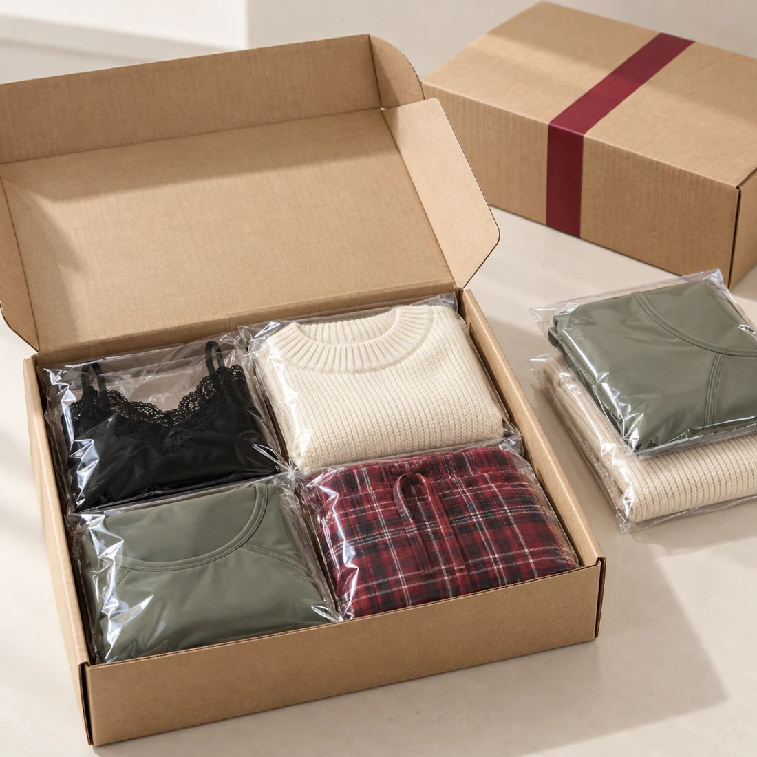 Folded fashion stock packaged in clear bags inside a shipping carton